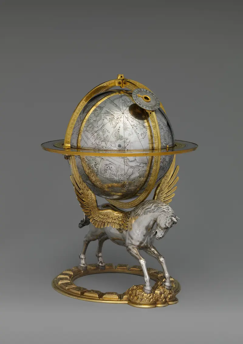 Gerhard Emmoser óraművel ellátott éggömbje  (1579) a New York-i Metropolitan Művészeti Múzeum  gyűjteményében. Forrás: metmuseum.org